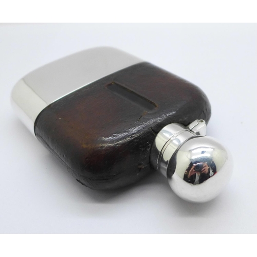 905 - A silver, glass and leather mounted hip flask, Sheffield 1908, height 12.5cm