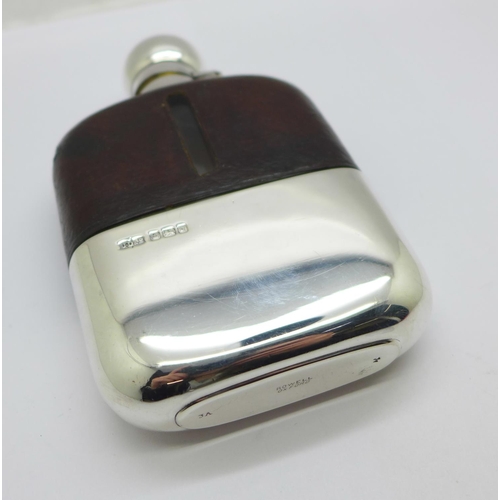 905 - A silver, glass and leather mounted hip flask, Sheffield 1908, height 12.5cm