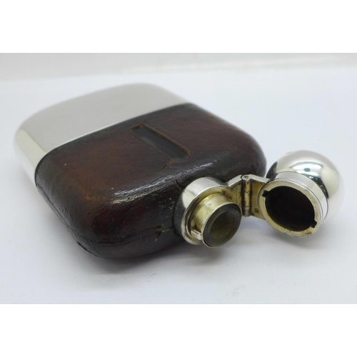 905 - A silver, glass and leather mounted hip flask, Sheffield 1908, height 12.5cm