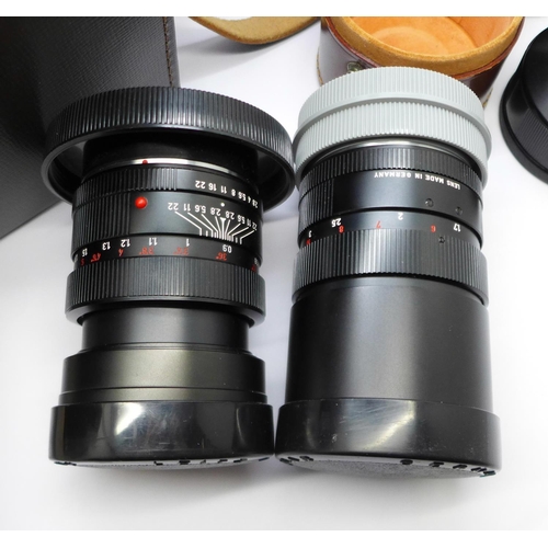 921 - Two camera lenses; Leitz Wetzlar Elmarit-R 1:2.8/135mm, Elmarit-R 1:2.8/90mm and an Aires Camera Wid... 