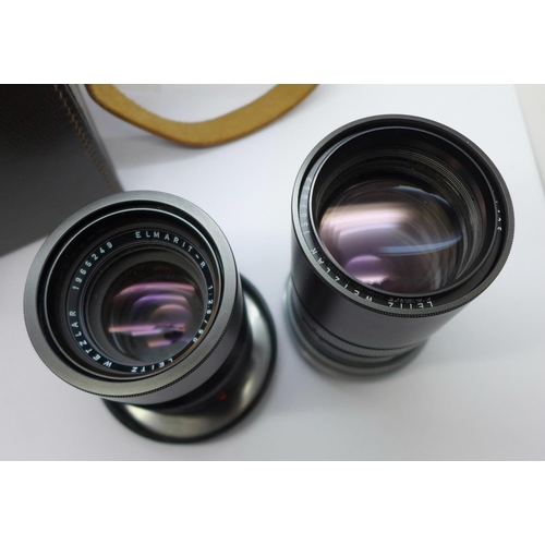 921 - Two camera lenses; Leitz Wetzlar Elmarit-R 1:2.8/135mm, Elmarit-R 1:2.8/90mm and an Aires Camera Wid... 