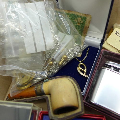 991 - Jewellery, an amber, silver and Meerschaum pipe, agate and gilt brass box, etc.