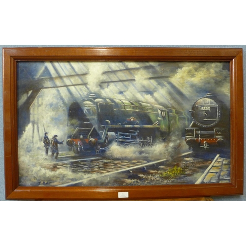 1 - British School (20th Century), two locomotives in a atation, oil on panel, indistinctly signed, 49 x... 