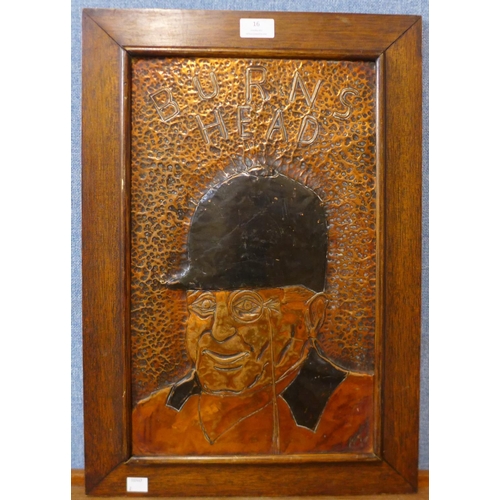 16 - A Burns Head copper plaque, oak framed