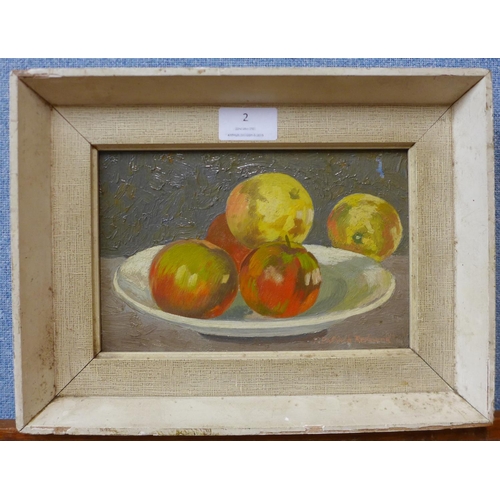 2 - T.P. Redmond, still life of apples in a bowl, oil on board, 13 x 21cms, framed