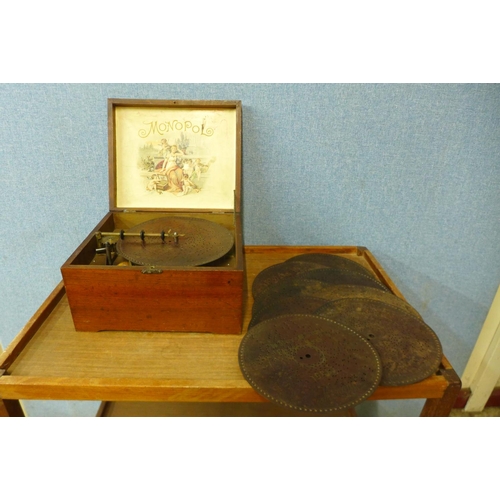 29 - A 19th Century Swiss painted mahogany Monopol music box, with eight discs