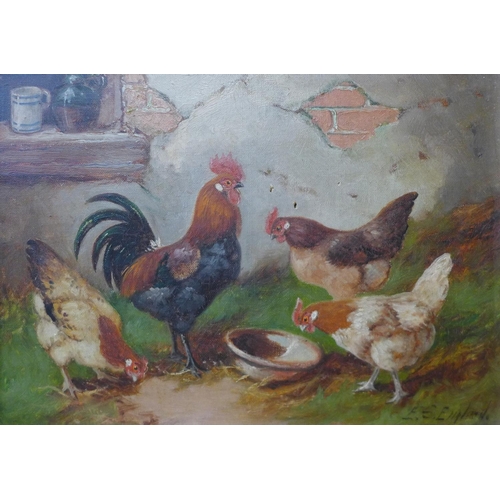 3 - E.S. England (late 19th/early 20th Century), chickens in a courtyard, oil on canvas, 24 x 34cms, fra... 