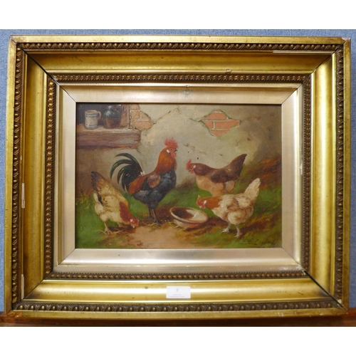 3 - E.S. England (late 19th/early 20th Century), chickens in a courtyard, oil on canvas, 24 x 34cms, fra... 