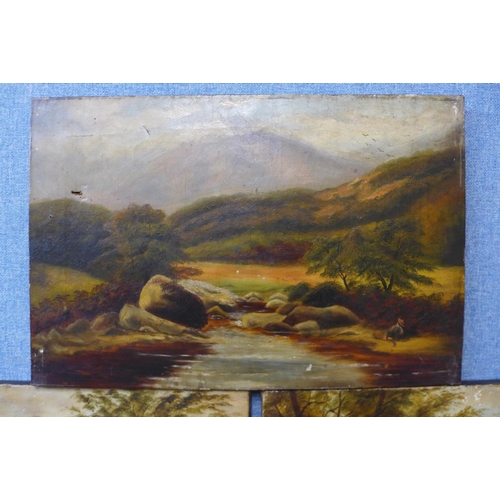 5 - Welsh School (19th Century), three landscapes, oil on canvas, 30 x 46cms, unframed, one indistinctly... 