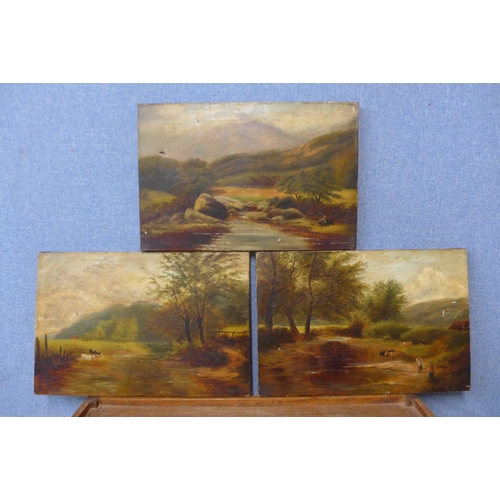 5 - Welsh School (19th Century), three landscapes, oil on canvas, 30 x 46cms, unframed, one indistinctly... 