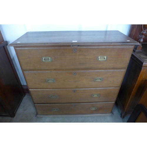 57 - A 19th Century Anglo-Indian teak military campaign secretaire chest, 105cms h, 112cms w, 45cms d