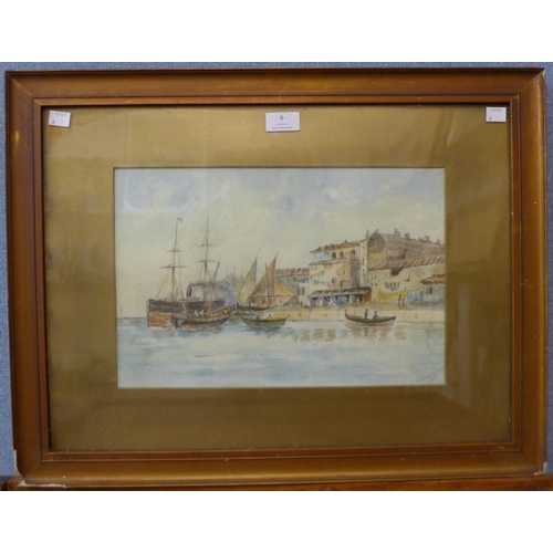 6 - English School (early 20th Century), Italian harbour scene, watercolour, 25 x 38cms, indistinctly si... 