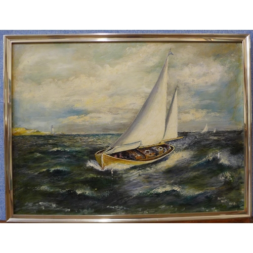 8 - Harold Happer, yachts off the coast, oil on board, dated 1969, 42 x 57cms, framed