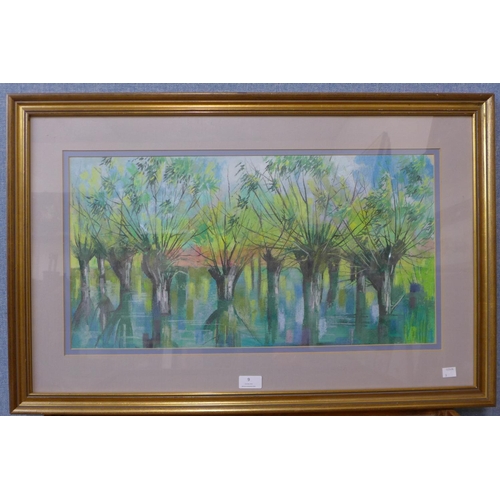 9 - British School (20th Century), abstract woodland landscape, pastel, 32 x 61cms, framed