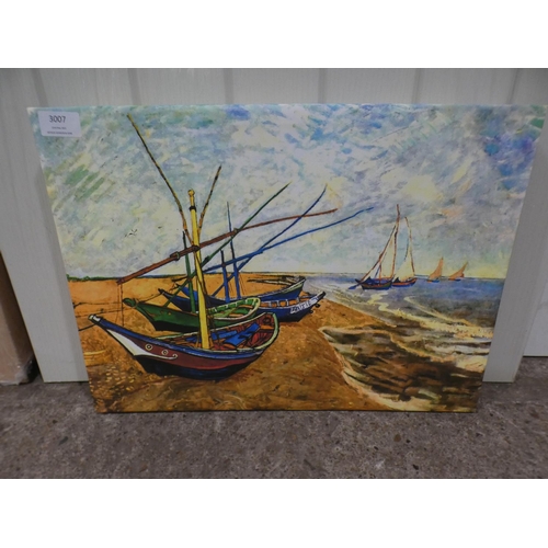 3007 - Fishing boats on beach print on canvas (49x34.5cm) * this lot is subject to VAT