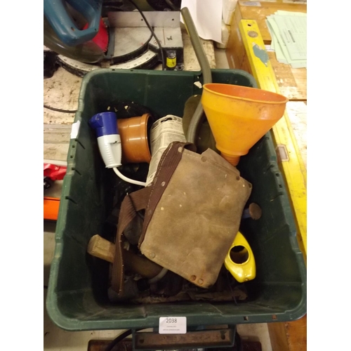 2038 - Plastic tub containing misc. items (steering wheel lock, face mask, small qty. of tools, etc.)