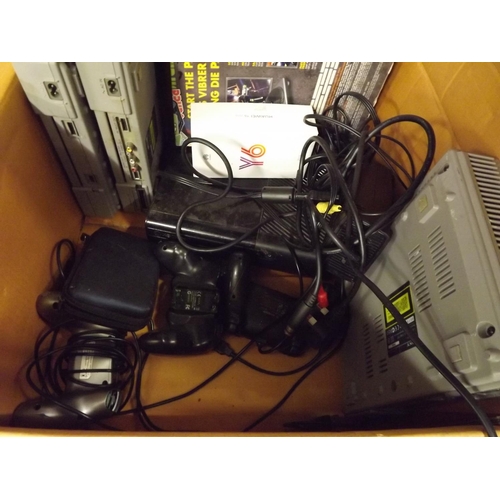 2233 - Box of assorted gaming items; 3 XBox 360, 2 Playstation One, assortment of cables, controllers, etc.