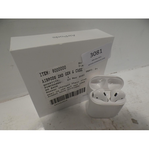 3081 - Airpods 2nd Gen & Case (MV7N2ZMA), RRP £99.99 + VAT (222-321) * This lot is subject to VAT