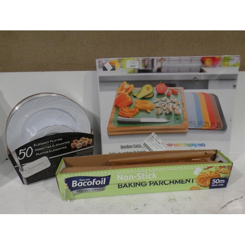 3098 - Baco Parchment Paper (50m), plastic plates, White/Silver Assorted Plates (17cm & 26cm) and Bamboo Cu... 