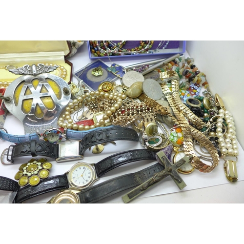 1057 - Costume jewellery, wristwatches, AA badge, crowns, plated spoons, etc.