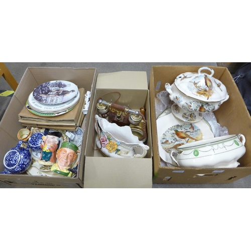 1101 - Three boxes of mixed china:- five coal mining plates, Toby and character jugs, two Parian figures, t... 