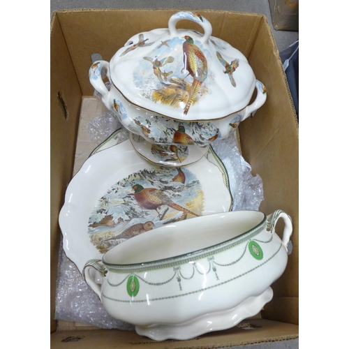 1101 - Three boxes of mixed china:- five coal mining plates, Toby and character jugs, two Parian figures, t... 