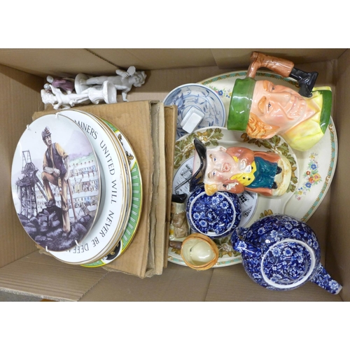 1101 - Three boxes of mixed china:- five coal mining plates, Toby and character jugs, two Parian figures, t... 