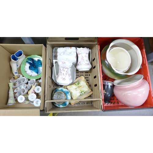 1108 - Three boxes of mixed china, large jardinieres, a pair of jugs, a/f, cheese or butter dishes, other c... 