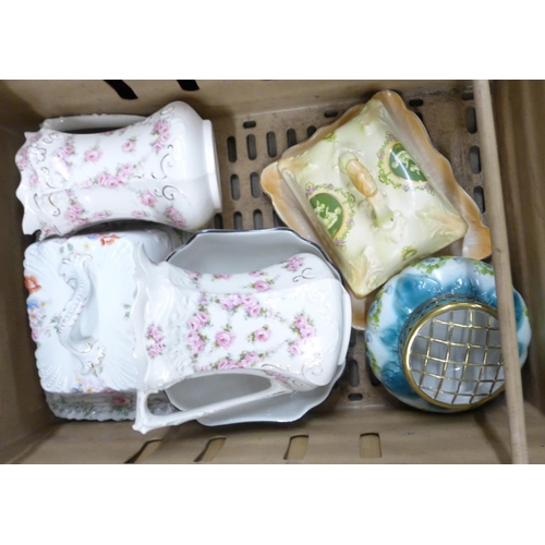 1108 - Three boxes of mixed china, large jardinieres, a pair of jugs, a/f, cheese or butter dishes, other c... 