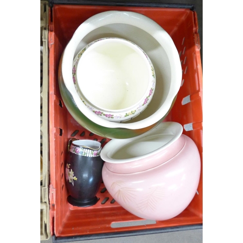 1108 - Three boxes of mixed china, large jardinieres, a pair of jugs, a/f, cheese or butter dishes, other c... 