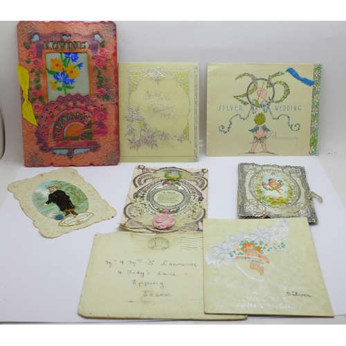 625 - Seven greetings cards, three 19th Century and four early 20th Century