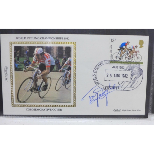 676 - Two folders of Cycling first day covers, including some signed, including Tony Doyle and Reg Harris,... 