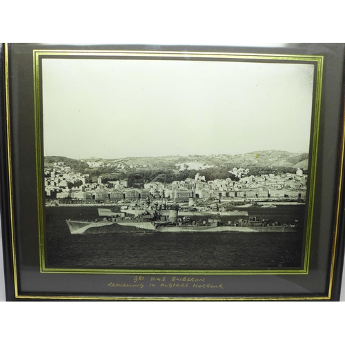 677 - Two Naval framed pictures, HMS Forth submarine and HMS Quiberon, Mediterranean Convoys, 1943