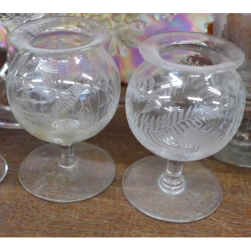 678 - Glassware including two items of Carnival glass; plate and bowl, rummer, etc.