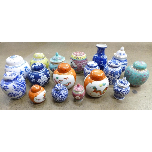 732 - A collection of Chinese ginger jars and vases, Satsuma, blue and white, etc. (17)