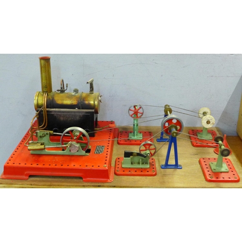 753 - A Mamod twin cylinder super heated steam engine connected to a grinding machine, polishing machine, ... 