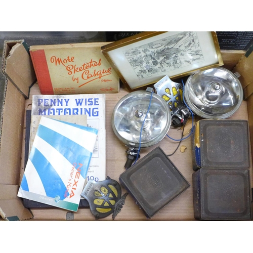 766 - Car related items, two spot lights, two AA badges, piston rings, books, Boots commercial vehicles pi... 