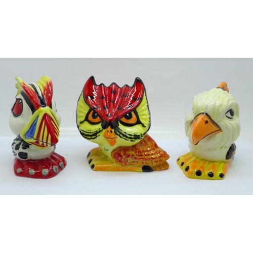 767 - Lorna Bailey Pottery, three bird figurines. ‘Percy the Puffin’, 'Eddie the Eagle' and 'Hootie the Ow... 