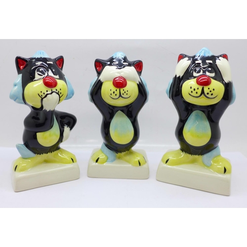 769 - Lorna Bailey Pottery, a set of 'Three Wise Monkey' cat figures, 'See no Evil', 'Speak no Evil', 'Hea... 