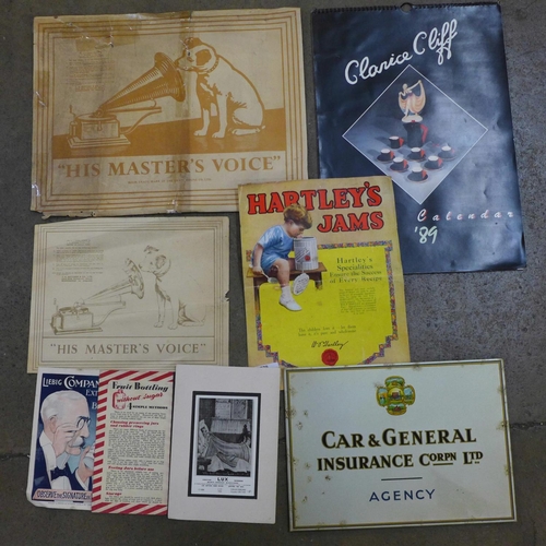 779 - A collection of advertising ephemera, other ephemera and a 1989 Clarice Cliff calendar