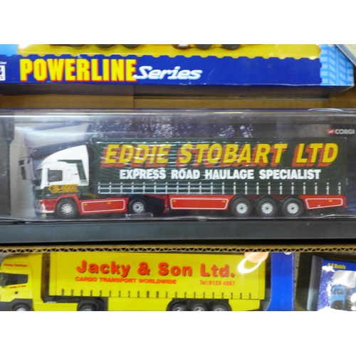 781 - Seven model trucks including Corgi 75201 ERF Curtainside Eddie Stobart truck, boxed