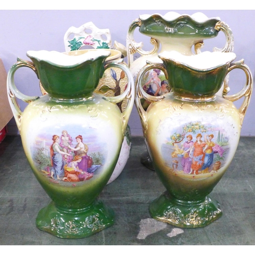 788 - Three Victorian transfer printed vases, a Staffordshire flatback watch holder, a pair of Staffordshi... 