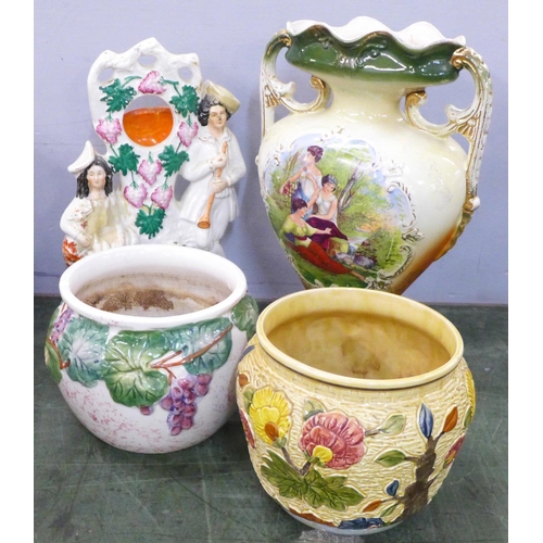 788 - Three Victorian transfer printed vases, a Staffordshire flatback watch holder, a pair of Staffordshi... 