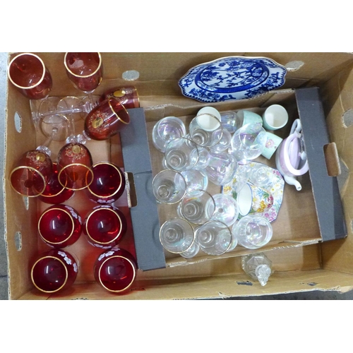 794 - Four boxes of mixed china and glass including sets of continental drinking glasses and paperweights