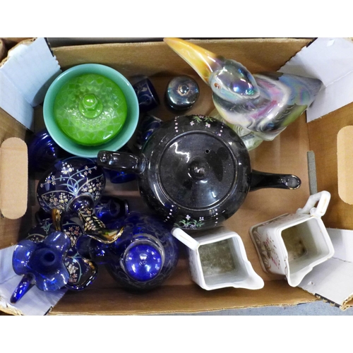 794 - Four boxes of mixed china and glass including sets of continental drinking glasses and paperweights