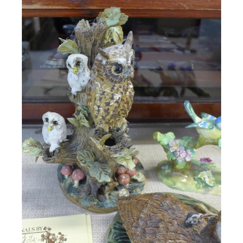 794F - Two Brian Hollingworth ceramic bird sculptures, Family of Long-Eared Owls and Great Crested Grebe, w... 