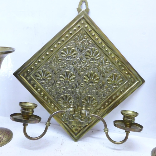 802 - A pair of Indian brass vases and a brass wall sconce