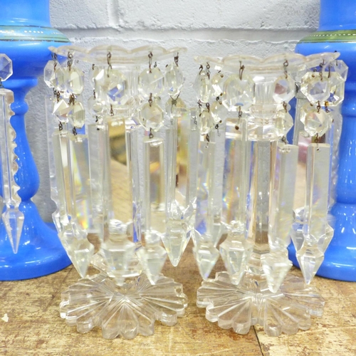 818 - A pair of blue glass lustres and a pair of Victorian glass lustres (small chips to top)