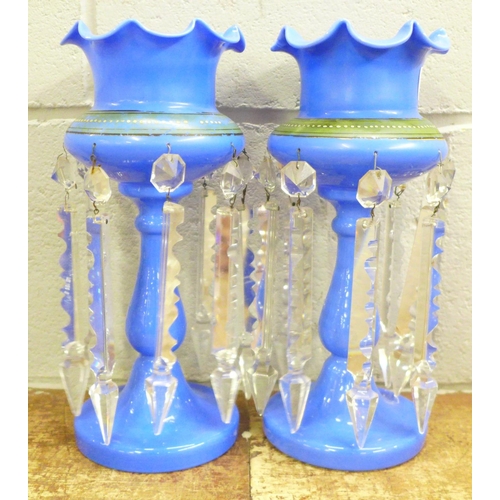 818 - A pair of blue glass lustres and a pair of Victorian glass lustres (small chips to top)