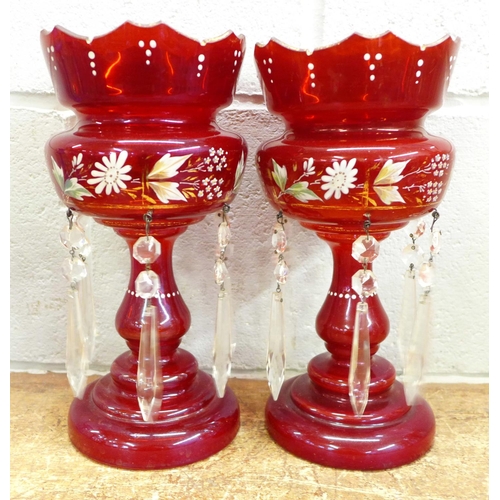 819 - A pair of ruby glass lustres and one other flash cut ruby glass lustre, a/f (small chips to top)